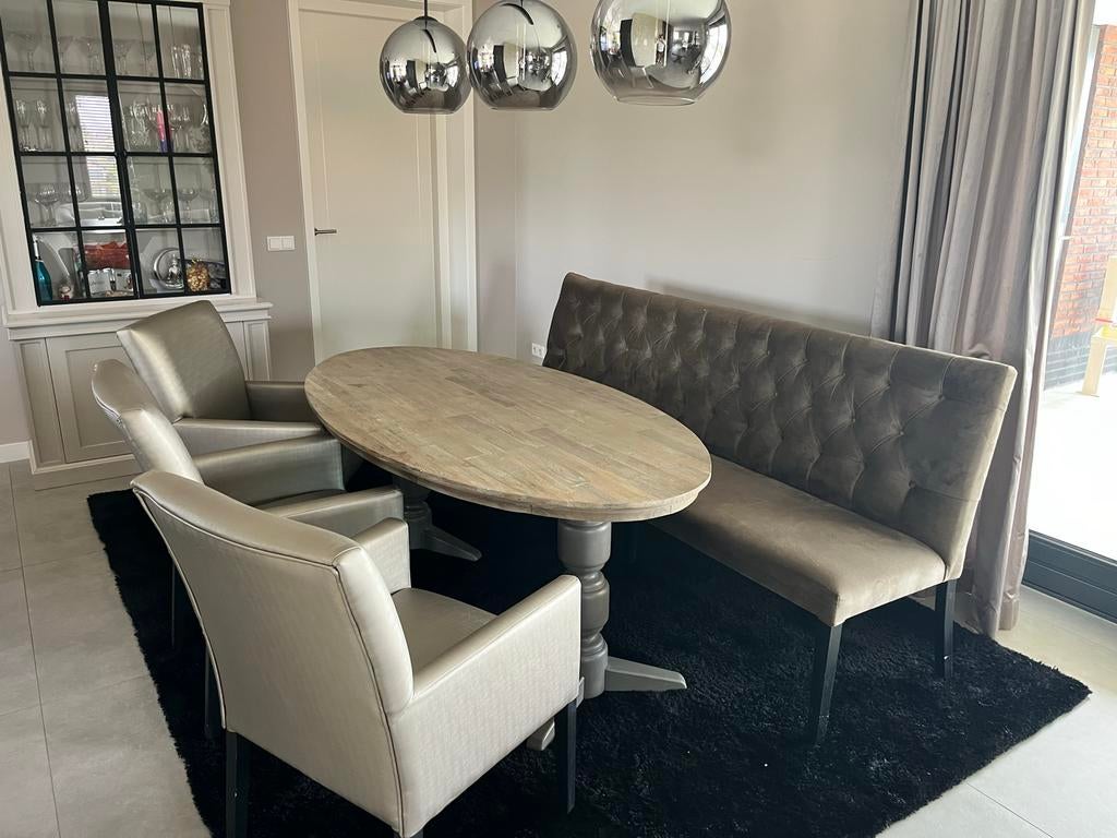 Eethoek | tafel 160cm | bank 220cm | groot vloerkleed, Ophalen, Gebruikt, 100 tot 150 cm, 150 tot 200 cm