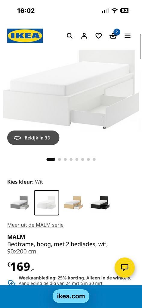 IKEA MALM Bedframe wit met 2 bedlades, 90x200 cm, Ophalen, Gebruikt, 90 cm, Eenpersoons