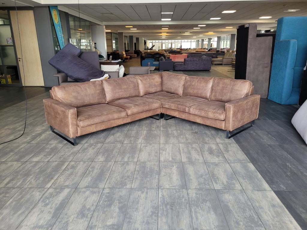 ✅️ ️GEREINIGD donkerbruine ecoleer hoekbank 295x250 BEZORGEN, Huis en Inrichting, Banken | Bankstellen, 250 tot 300 cm, Hoekbank