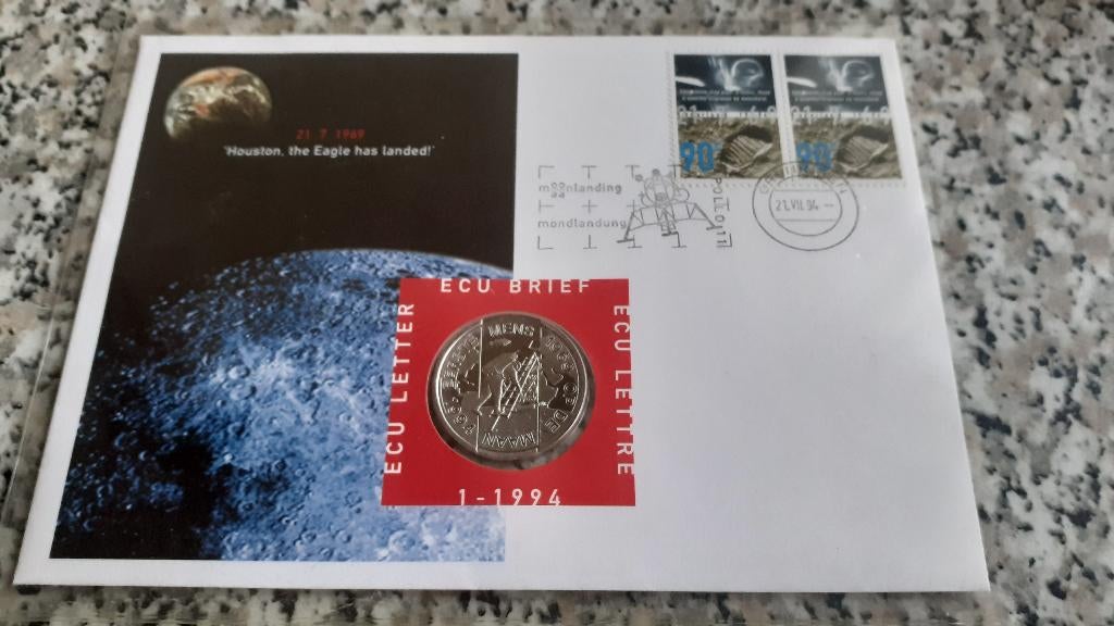 Ecu brief  de maanlanding met penning, Postzegels en Munten, Ophalen of Verzenden, Overige materialen