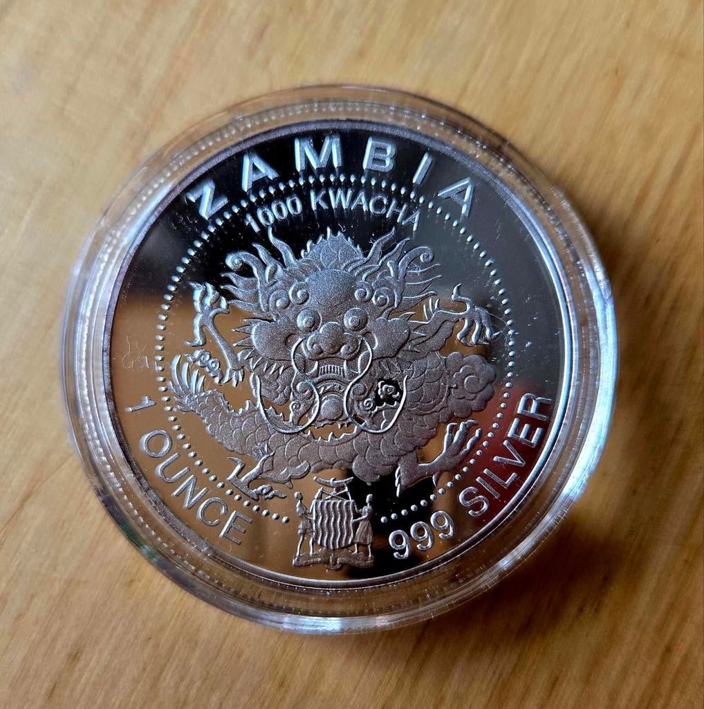 Zilver 1 oz 999 dragon zambia 1000 kwacha 1998 1 ounce, Postzegels en Munten, Munten | Europa | Euromunten, Ophalen of Verzenden