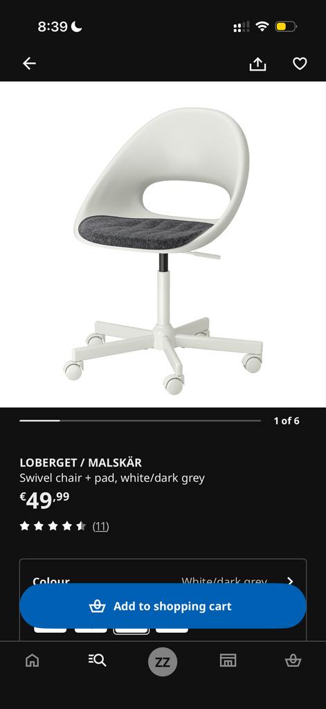 IKEA LOBERGET / MALSKÄR bureaustoel - Zeer goede staat, Ophalen of Verzenden, Zo goed als nieuw, Wit, Bureaustoel