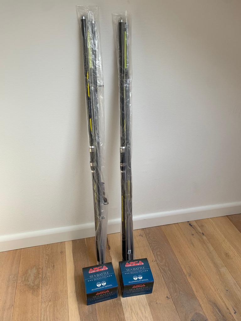 2x nieuwe Trabucco strandhengels + Arca zeemolens, 4.20m, Arca, Nieuw, Ophalen of Verzenden, Arca