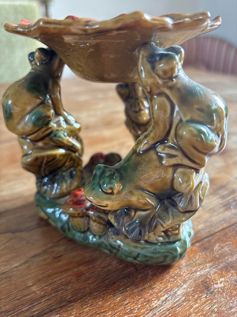 Vintage Majolica Kaarsenhouder met Kikkers en Bloem, Ophalen of Verzenden