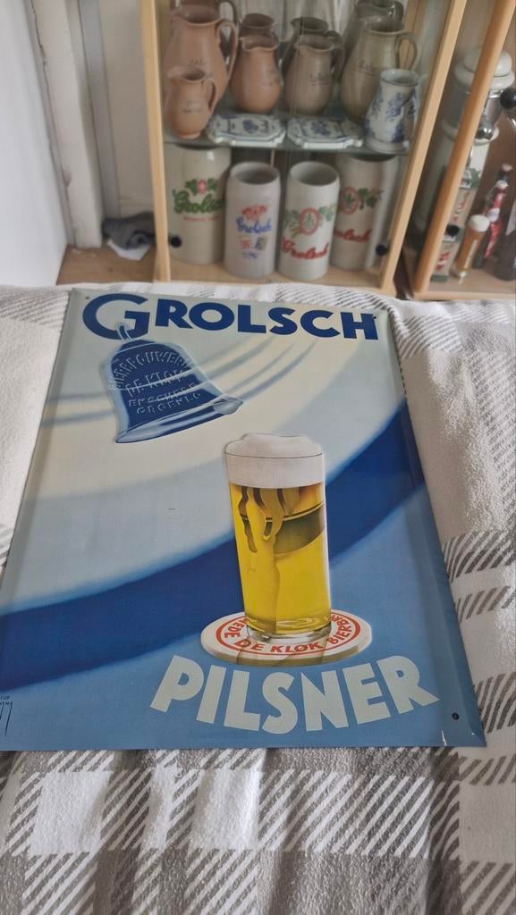 Grolsch Wandbord Blauw met Glas en Klok - Nieuwstaat, Ophalen of Verzenden
