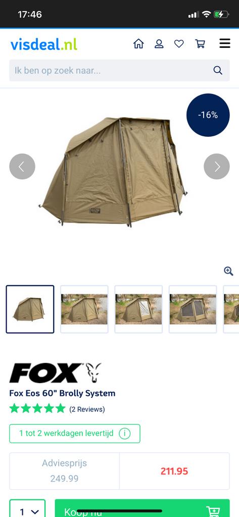 Super nette fox eos 60 brolly system, Watersport en Boten, Ophalen of Verzenden, Zo goed als nieuw, Overige typen