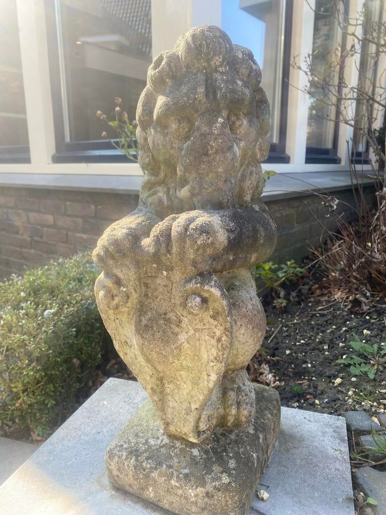 Betonnen tuinbeeld leeuw met schild 50 cm hoog, Ophalen, Gebruikt, Beton, Dierenbeeld