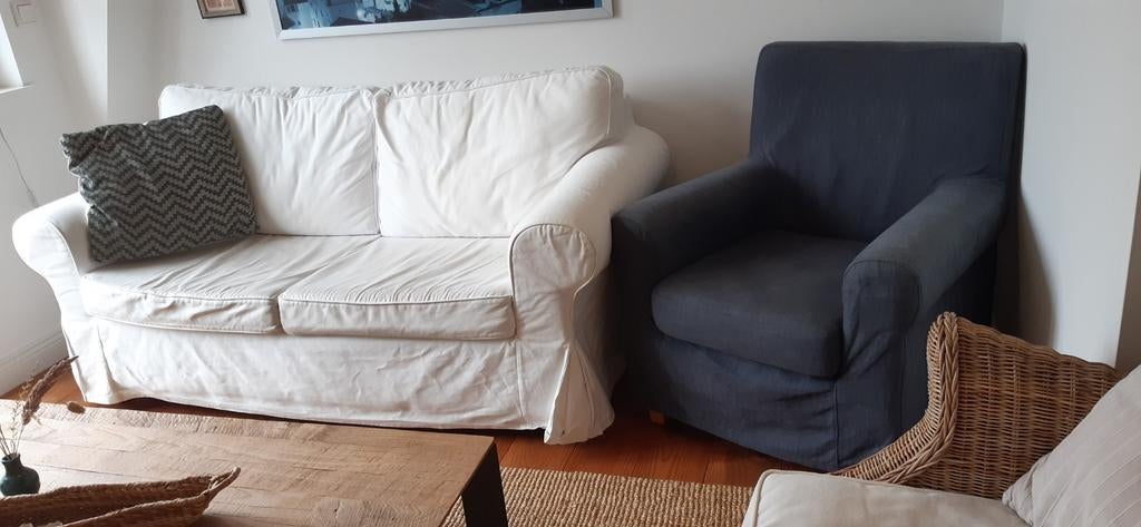 Ikea Ektorp bank en Jennylund fauteuil met Bemz bekleding, Ophalen, Gebruikt, 75 tot 100 cm, Tweepersoons