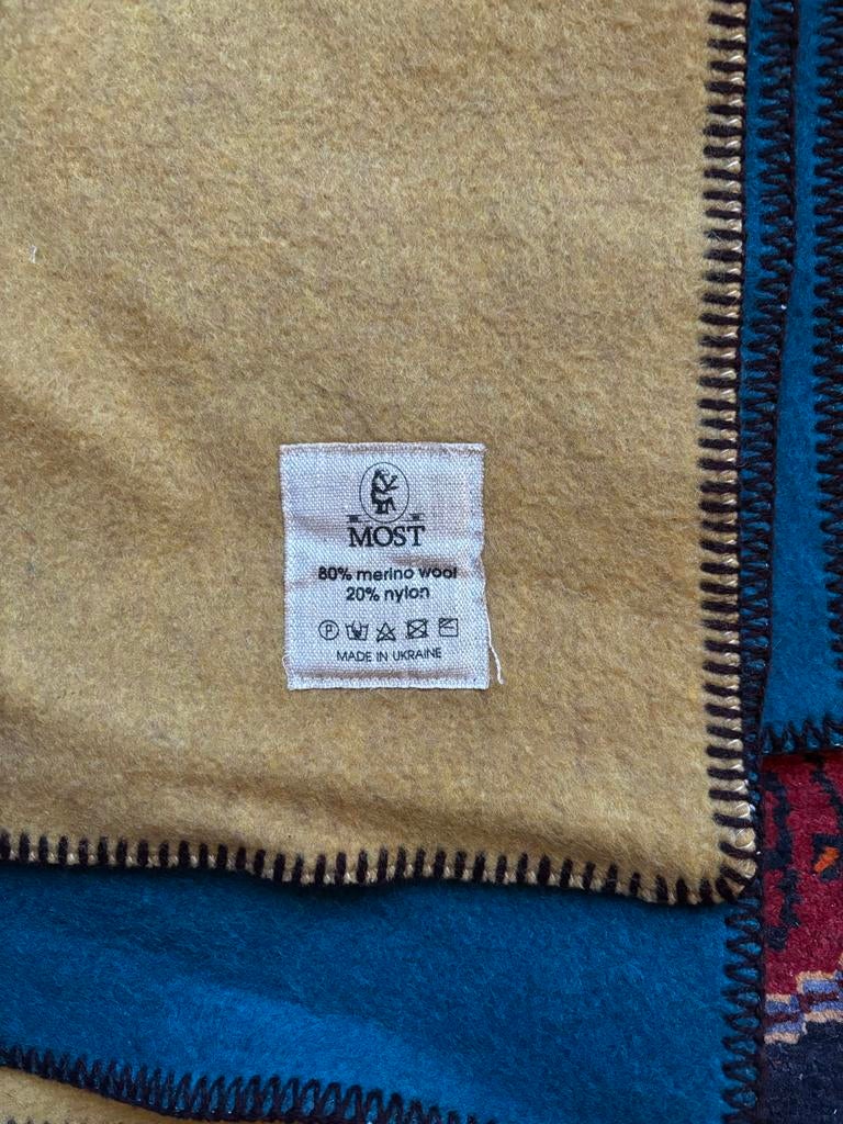 Zachte Wollen Deken - Turquoise/Mosterd - 220x220cm, Ophalen of Verzenden, Zo goed als nieuw, Tweepersoons, Deken of Dekbed