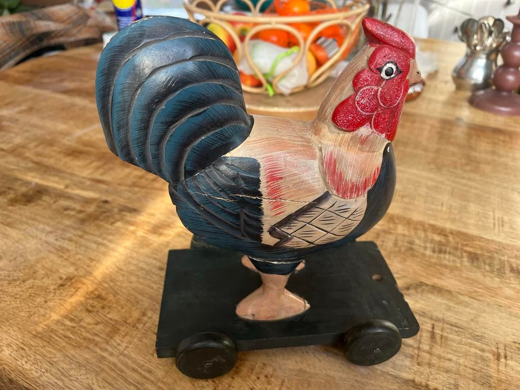 Vintage Houten Haan op Wieltjes, Antiek en Kunst, Antiek | Speelgoed, Ophalen of Verzenden