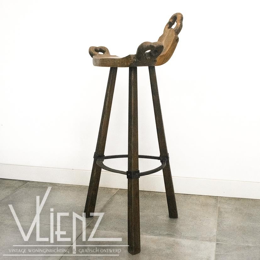 Vintage Spaanse Brutalist kruk, hout metaal, barkruk, Ophalen, Gebruikt, -, -