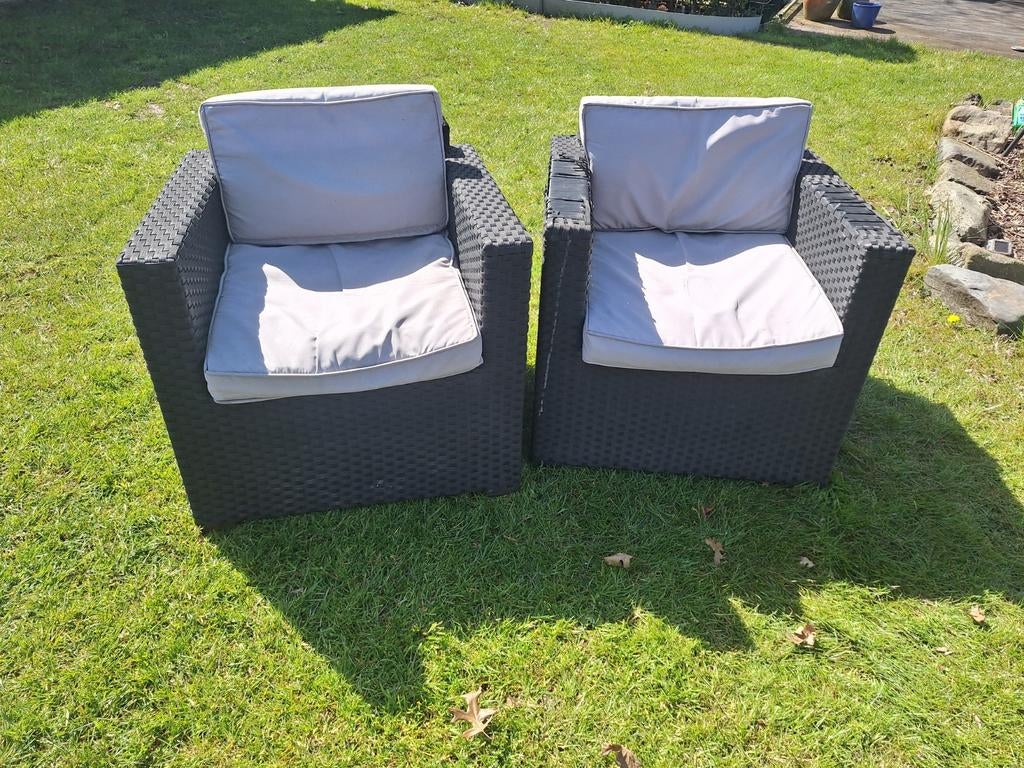 2 tuinstoelen met kussens, Tuin en Terras, Tuinstoelen, Ophalen, Gebruikt, Kunststof