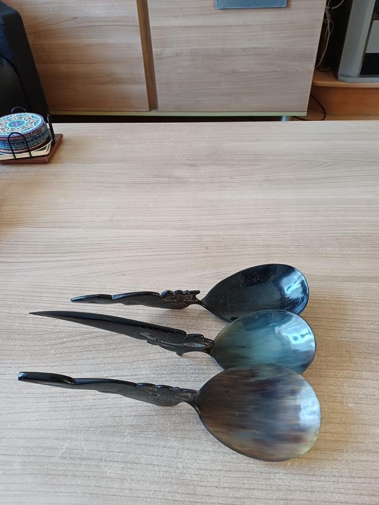 3 Indonesische vintage rijstopscheplepels, buffelhoorn, Ophalen of Verzenden