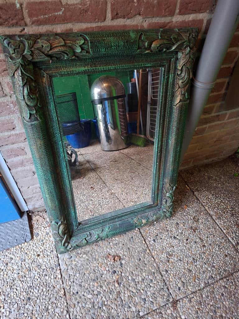 Groene spiegel met bewerkte lijst, Ophalen, Rechthoekig, Minder dan 50 cm