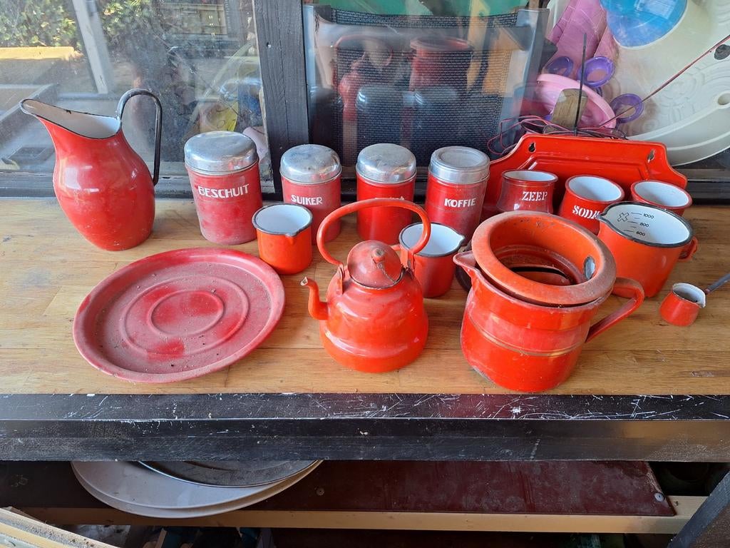 Emaille rood set, Ophalen of Verzenden