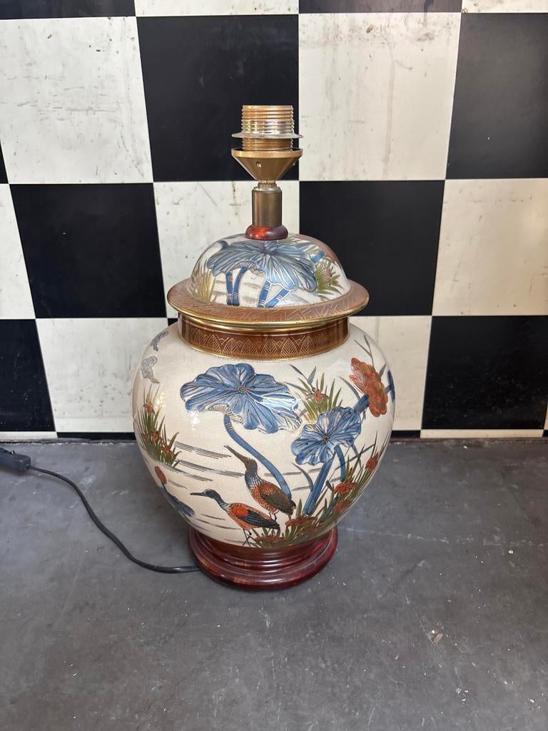 Vintage Oosterse Tafellamp met Kraanvogels en Bloemen, Ophalen of Verzenden, Gebruikt