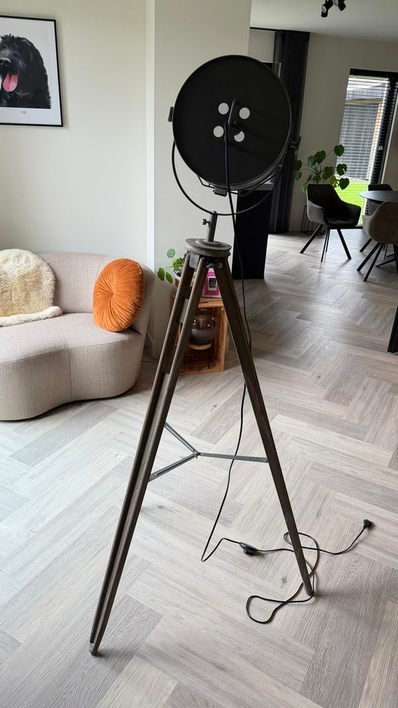 Industriële Stalamp / Vloerlamp met Houten Statief, Ophalen, Gebruikt, Hout, 150 tot 200 cm