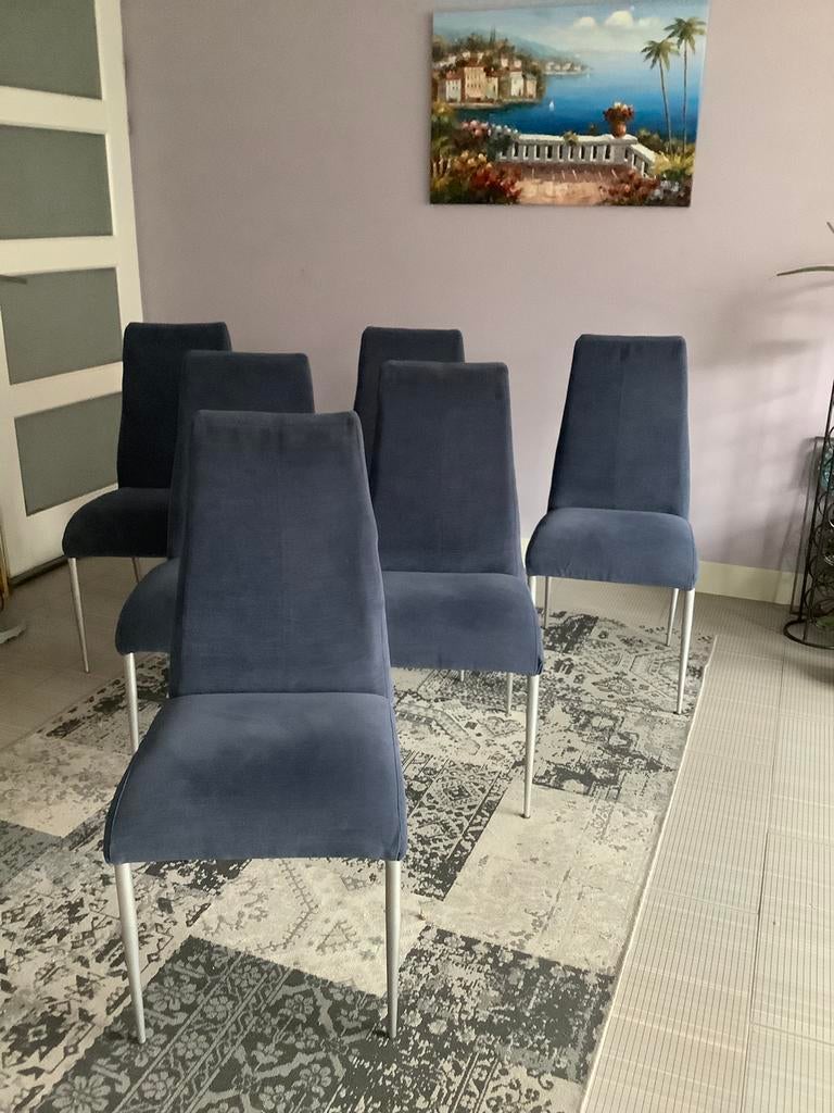 6 eetkamer stoelen, Ophalen, Gebruikt, Blauw, Stof