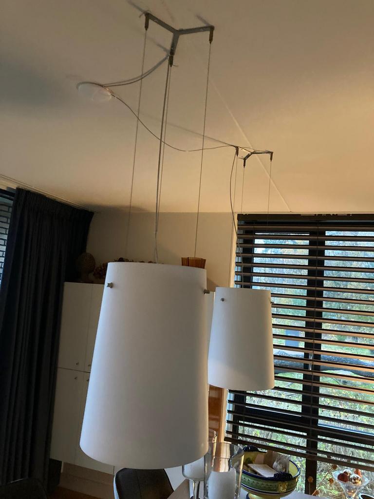 Dubbele (eettafel)lampen combinatie, Huis en Inrichting, Lampen | Lampenkappen, Ophalen, Zo goed als nieuw, Rond