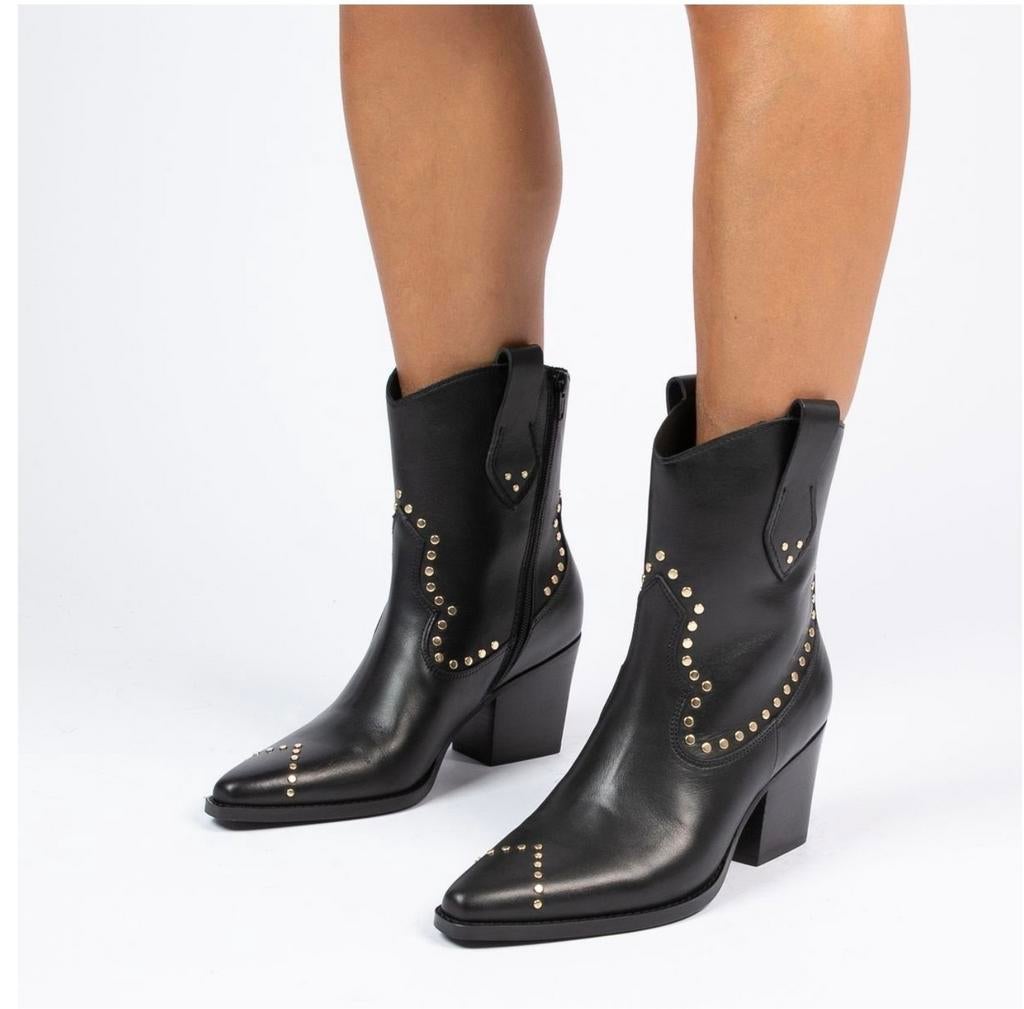 Manfield Zwarte Leren Cowboy Laarzen Dames Maat 37, Zwart, Lage of Enkellaarzen, Ophalen of Verzenden, Manfield