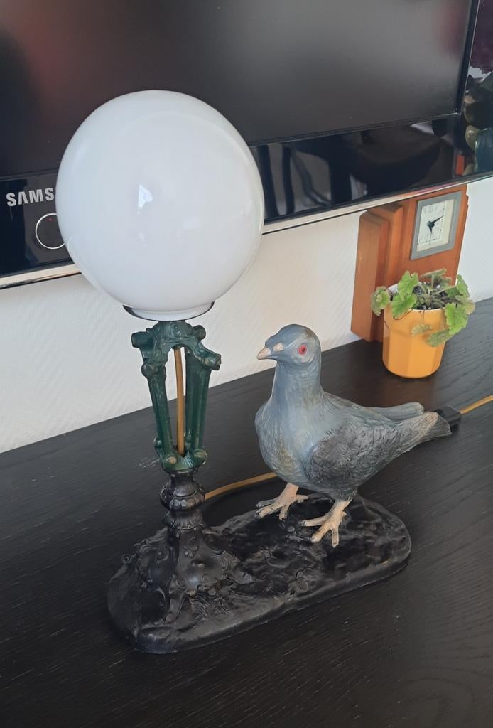 Tafellamp metalen lantaarn met duif, lees de beschrijving, Ophalen of Verzenden, Zo goed als nieuw, Glas, Minder dan 50 cm