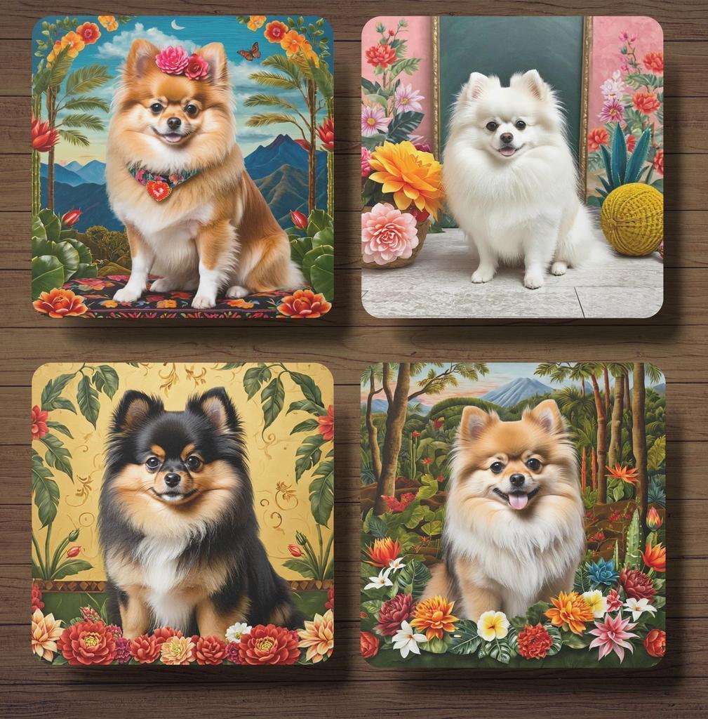 Pomeranian Frida Kahlo onderzetters met houder, Huis en Inrichting, Ophalen of Verzenden, Nieuw, Glas of Kopje