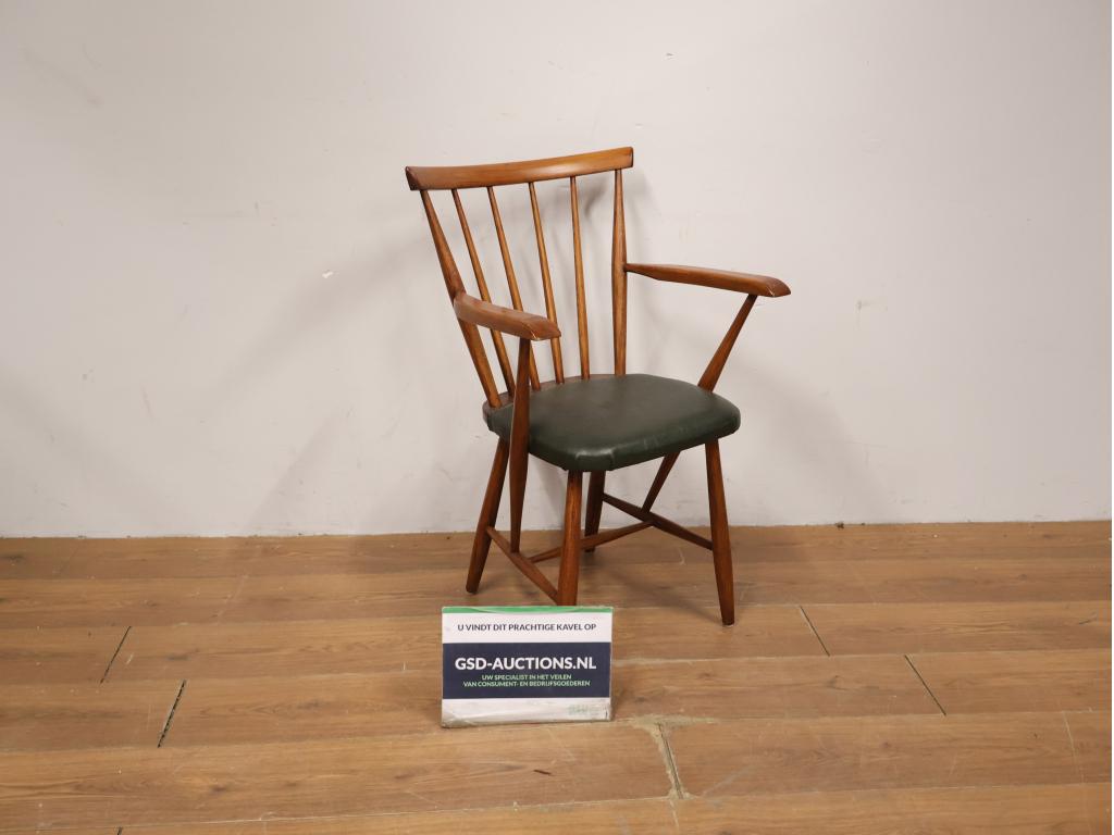 Vintage Deense Spijlenstoel met Groene Zitting, Ophalen of Verzenden, Niet ingevuld, Niet ingevuld, Niet ingevuld