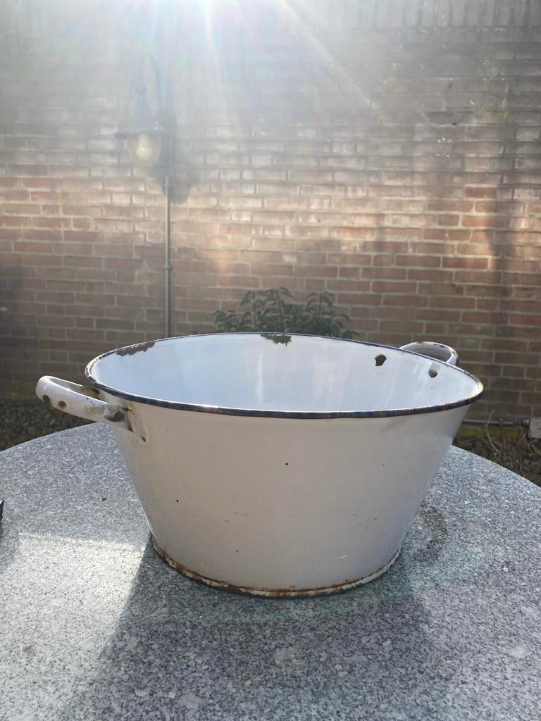 Vintage geëmailleerde teil / waskom - wit met blauweer blauw, Ophalen of Verzenden