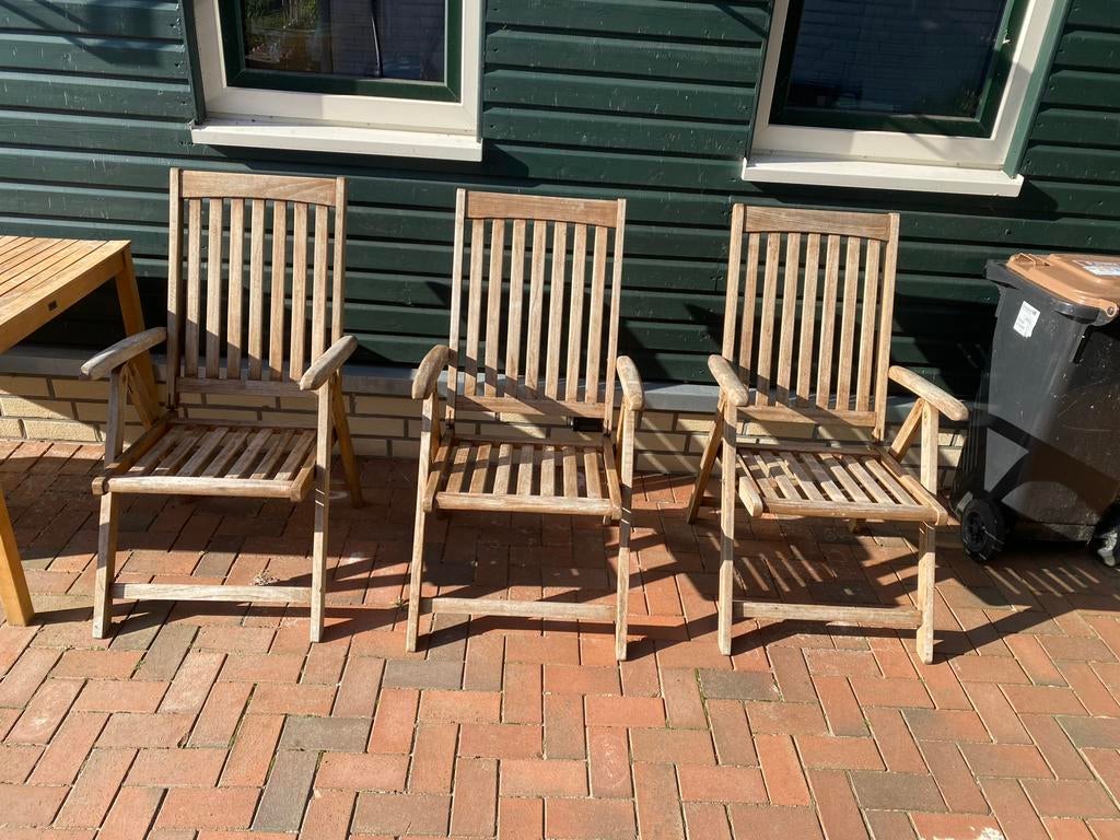 Teakhouten stoelen en houten buiten tafel, Tuin en Terras, Ophalen, Gebruikt, Hout, Inklapbaar