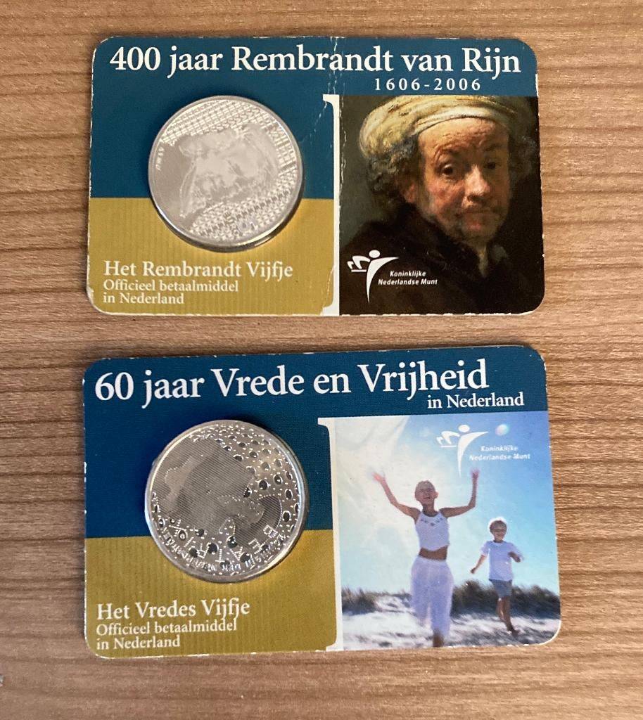 2x zilveren vijfje (Rembrandt, Vrede), Koningin Beatrix, Zilver, Euro's, Ophalen of Verzenden