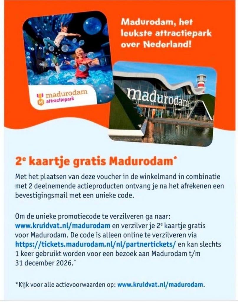 2e kaartje gratis voor Madurodam!, Tickets en Kaartjes, Twee personen, Kortingskaart