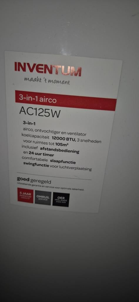 Inventum Mobiele Airco AC125W - 3-in-1 met Afstandsbediening, Ophalen, Timer, 3 snelheden of meer, Zo goed als nieuw