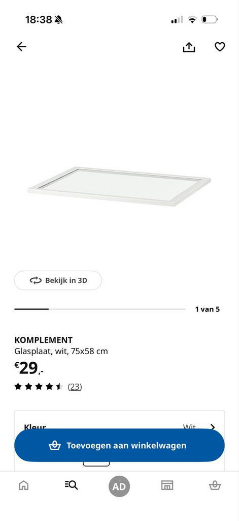 IKEA KOMPLEMENT Glasplaat wit 75x58 cm, Ophalen, Zo goed als nieuw