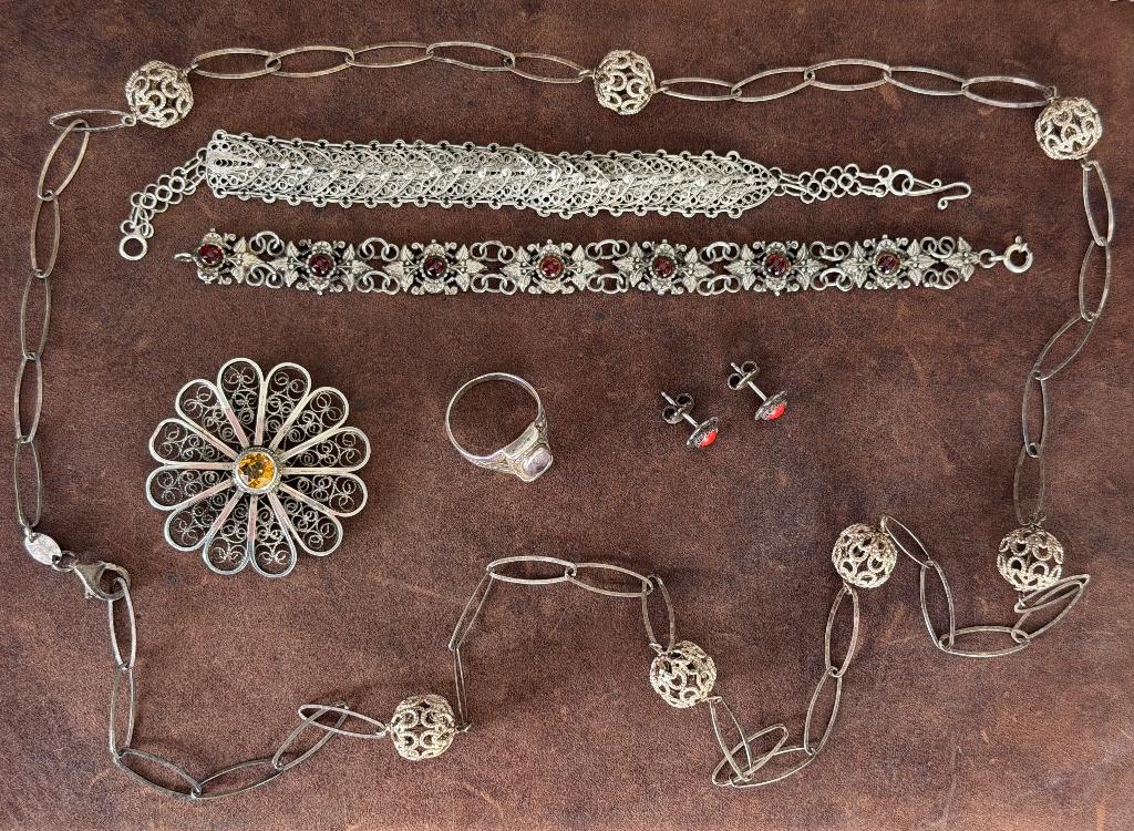 Antiek Zilveren sieraden Oorbellen Broche Ketting Ring enz, Ophalen, Zilver