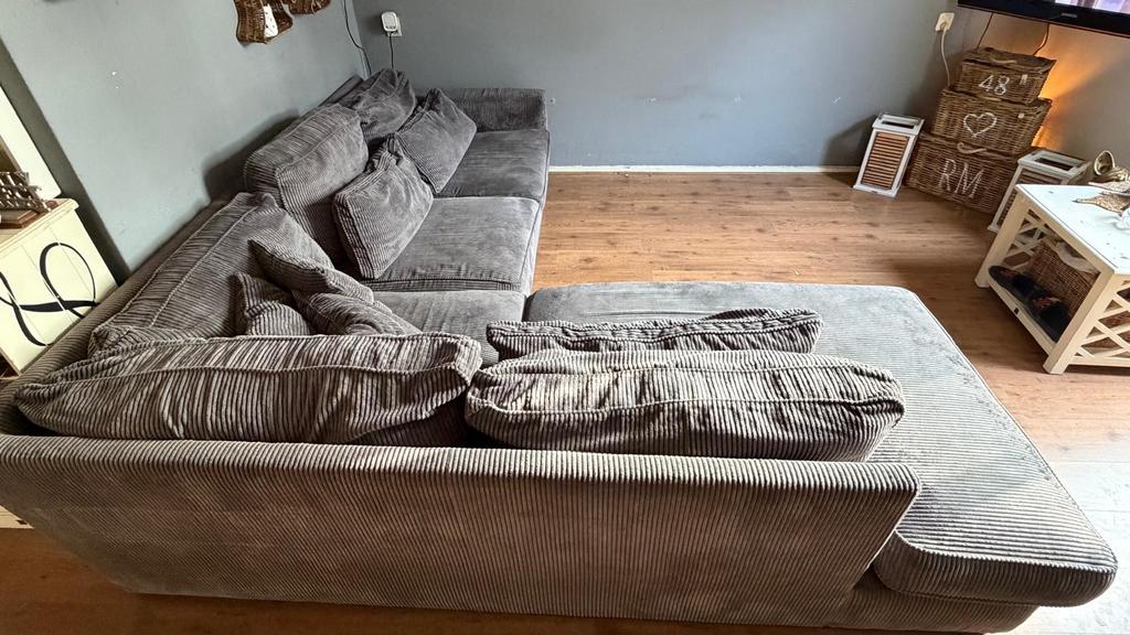 Hoekbank met longchair rib stof., Huis en Inrichting, Banken | Bankstellen, Ophalen, Gebruikt, Hoekbank, 300 cm of meer