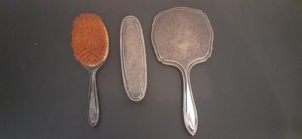 Zilveren kaptafel set zilver 3 delig (spiegel + borstels) !, Ophalen of Verzenden, Zilver