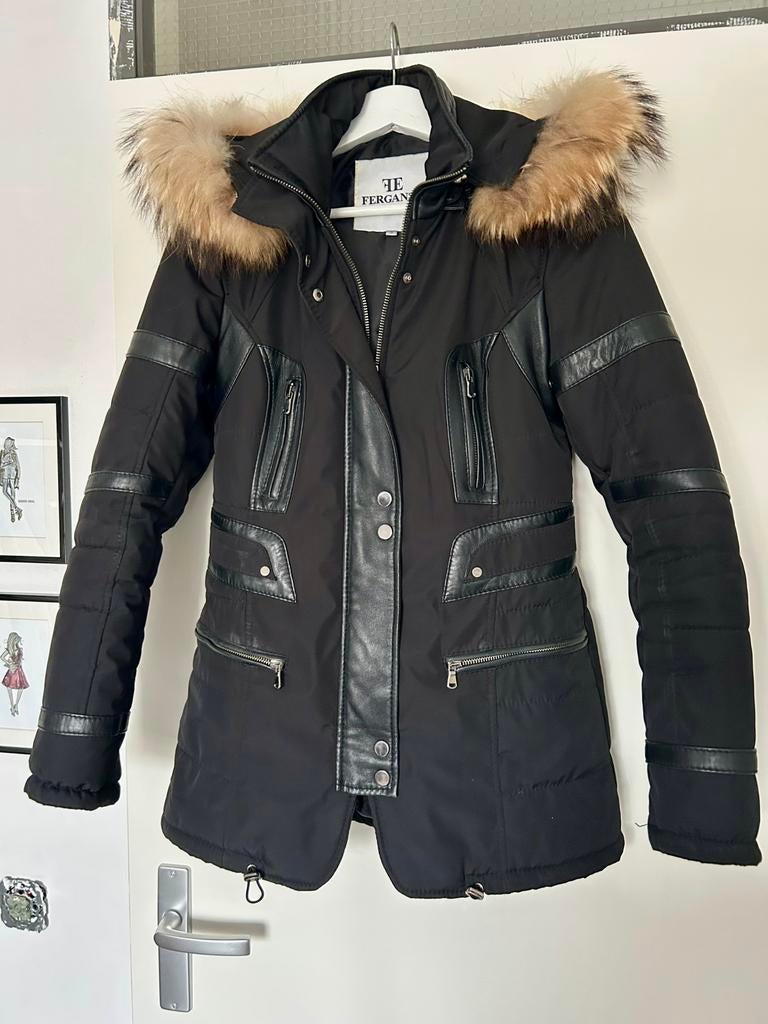 Dames jas parka leer, bont maat 36/38, Ophalen, Zo goed als nieuw, Maat 36 (S), Zwart