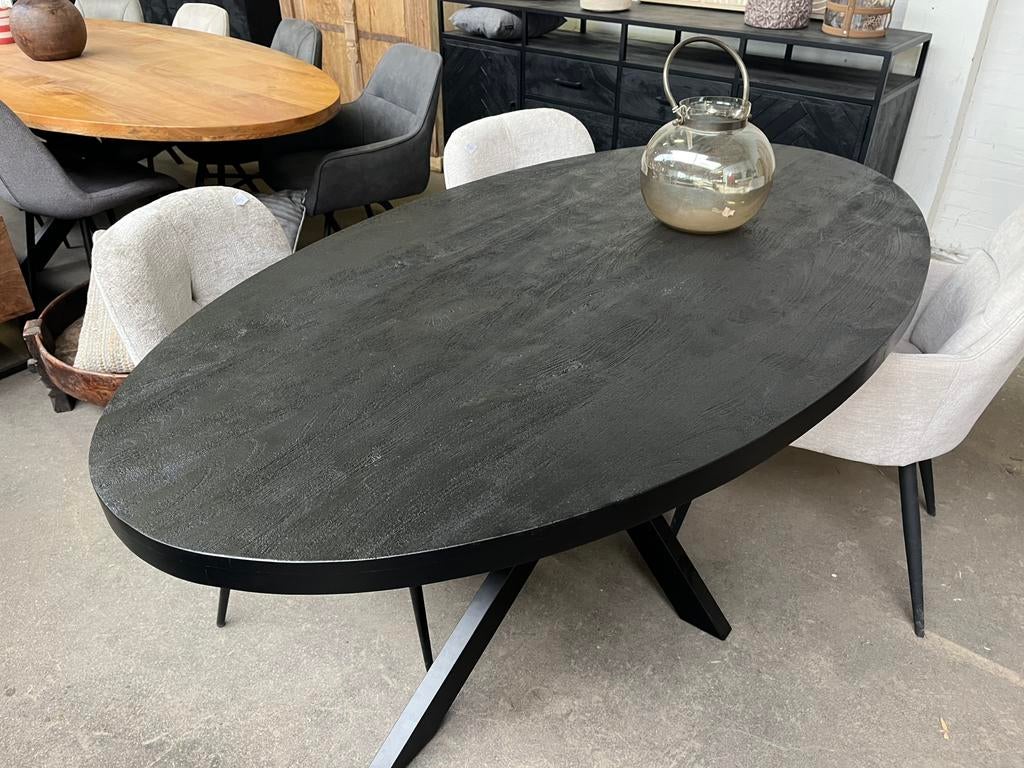 Magazijn Leegverkoop Nieuwe ovale eettafel zwart mangohout, Nieuw, Ophalen of Verzenden, Info@wkhome.nl, Argonweg 20 Amersfoort