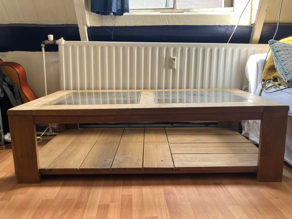 Teakhouten salontafel / koffietafel met glasplaten, Ophalen, Gebruikt, 100 tot 150 cm, Teakhout