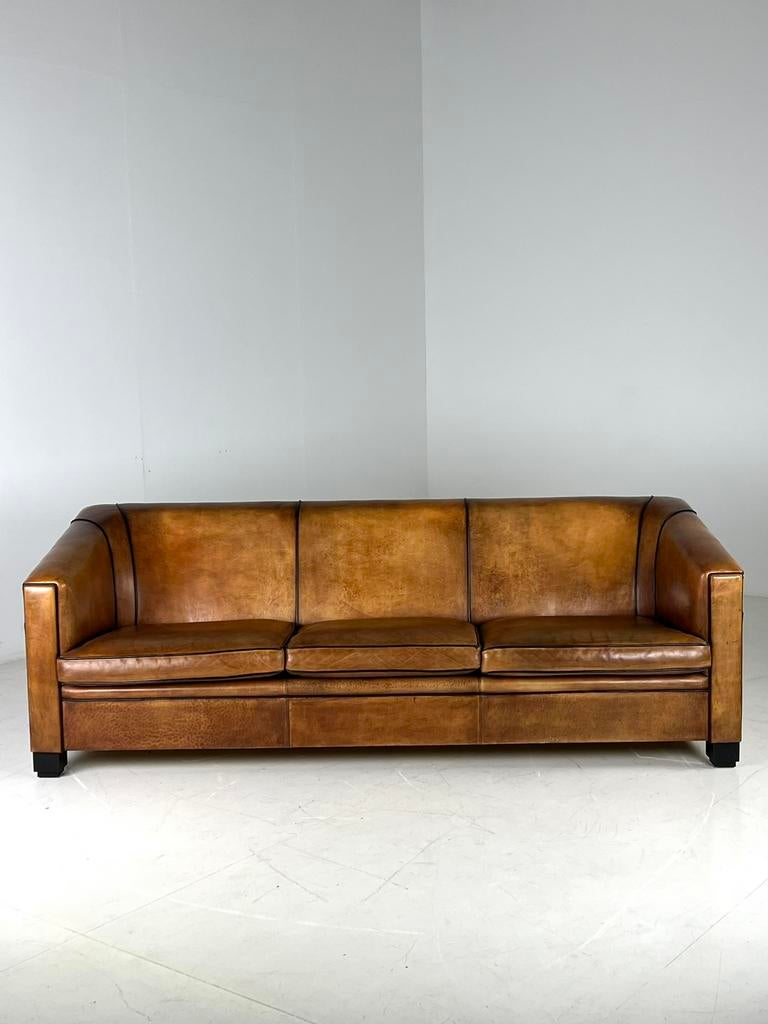 Schapenleren 3 zits bank klassiek Art Deco, Ophalen of Verzenden, Zo goed als nieuw, 75 tot 100 cm, 200 tot 250 cm