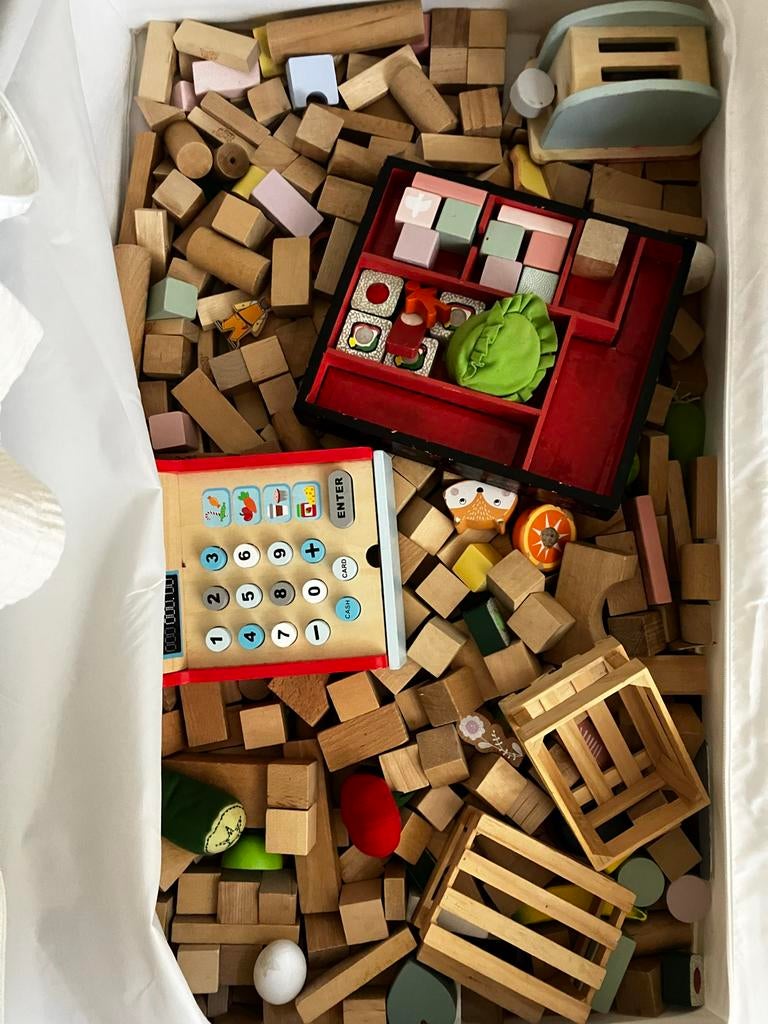 Grote verzameling houten speelgoed. Blokken, kassa, sushi, Ophalen of Verzenden, Gebruikt, Overige merken