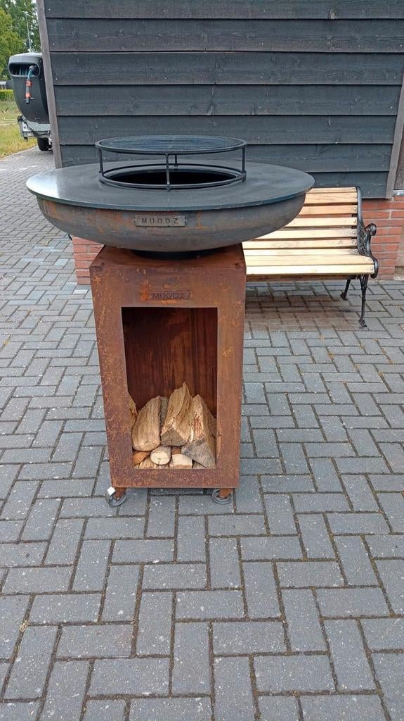 BBQ Plancha met cortenstaal vuurschaal en sokkel op wielen, Ophalen of Verzenden, Nieuw