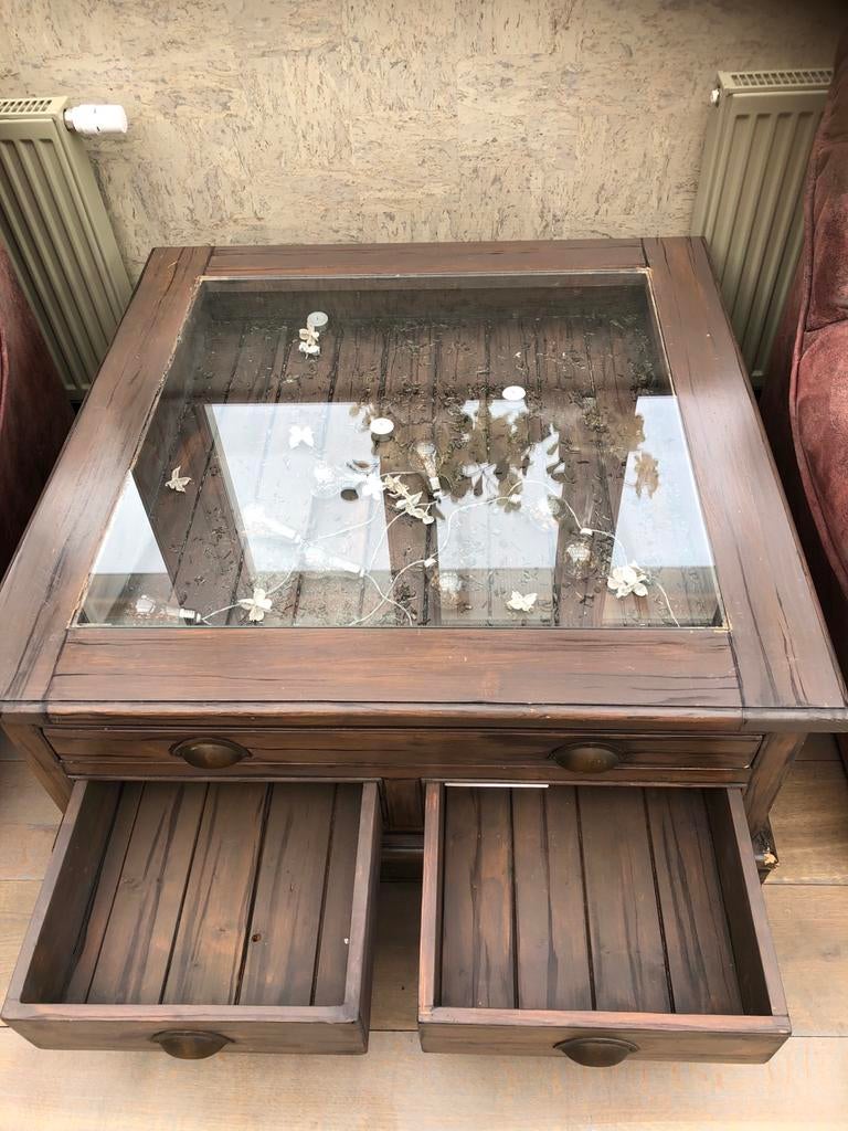 Bruine tafel 100x100 met glasplaat en 2 lades, Ophalen, Gebruikt, 100 tot 150 cm, Vierkant