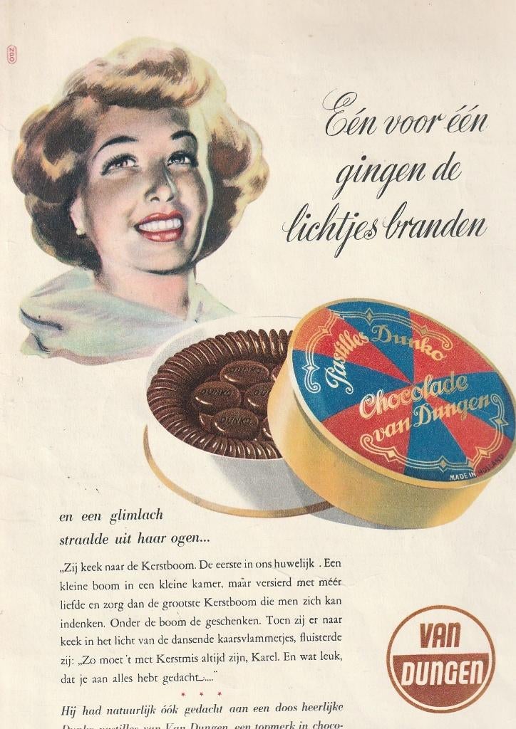 Retro reclame 1950 Van Dungen chocola Kerstmis blik, Verzenden, Overige typen