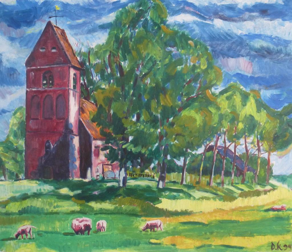Modern kleurrijk schilderij kerk Groningen/Friesland, Ophalen of Verzenden