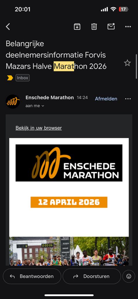 Startbewijs + nummer halve marathon Enschede 12-04-2026, Eén persoon