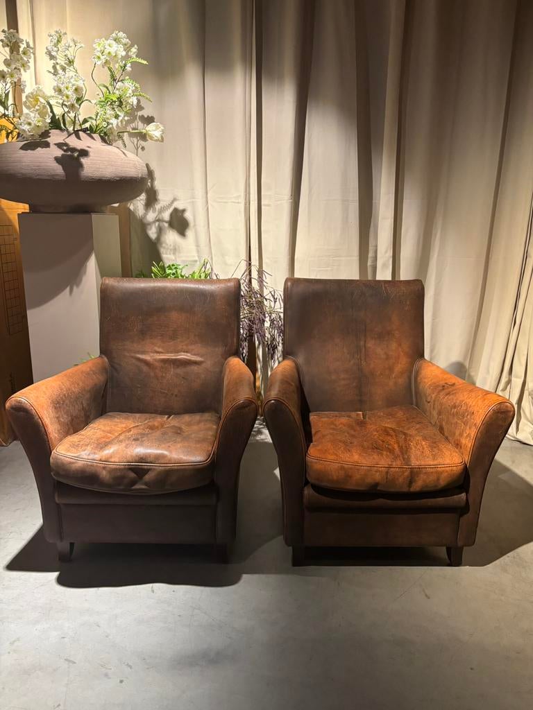 2 Stoere Vintage Leren fauteuils Orgineel Baan gelabeld, Huis en Inrichting, Fauteuils, Waddinxveen, Gebruikt, Baan, Stoer Vintage Landelijk