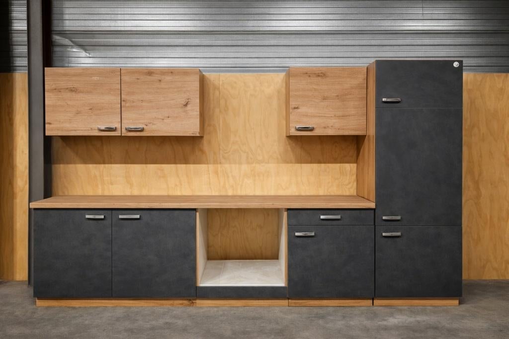 keukenblok nieuw 270 cm beste deal grijs eiken softclose dik, Ophalen of Verzenden, Nieuw