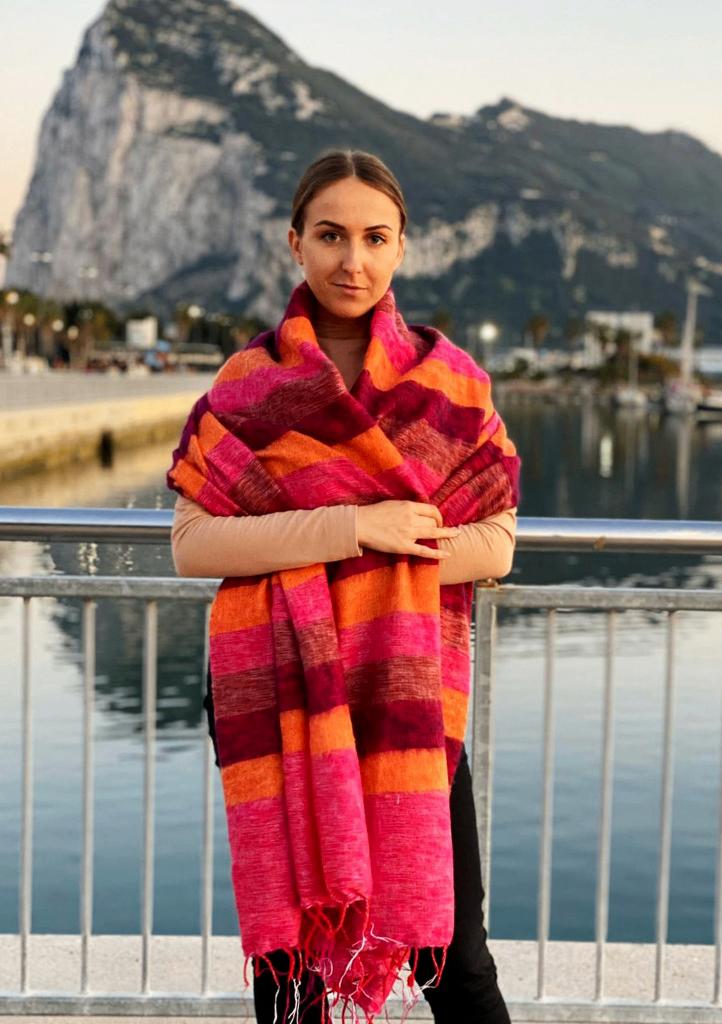 Luxe roze-oranje gestreepte wollen meditatie omslagdoek, Verzenden, Maat 46/48 (XL) of groter, Nieuw, Nepalhandwerk.nl