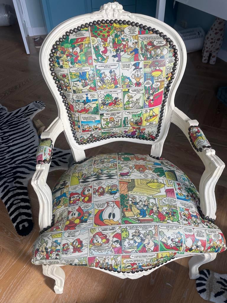 Fauteuil met unieke Donald Duck strip bekleding, Ophalen, Donald duck. Retro, Minder dan 75 cm, Leer